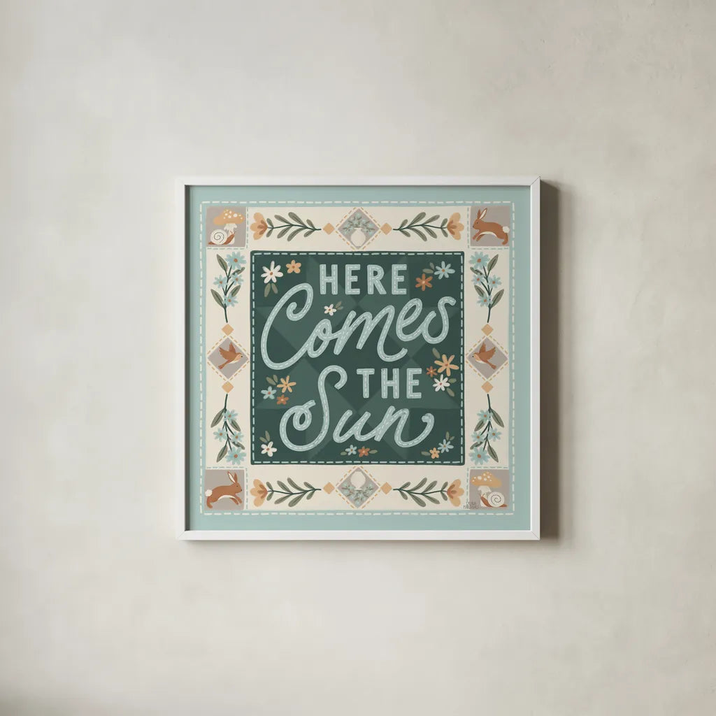 Spring Whimsy III by Laura Marshall. Shown in a crisp white glass frame for a clean and minimalist style. Available as an archival giclee rolled canvas, fine art paper, or poster print. SKU 97895a.