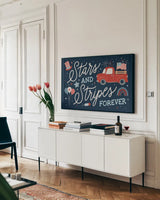 Stars and Stripes II by Laura Marshall. shown as a framed stretched canvas in a living room above a console. Available as a archival giclee rolled canvas, fine art paper, or poster print. SKU 76268i.