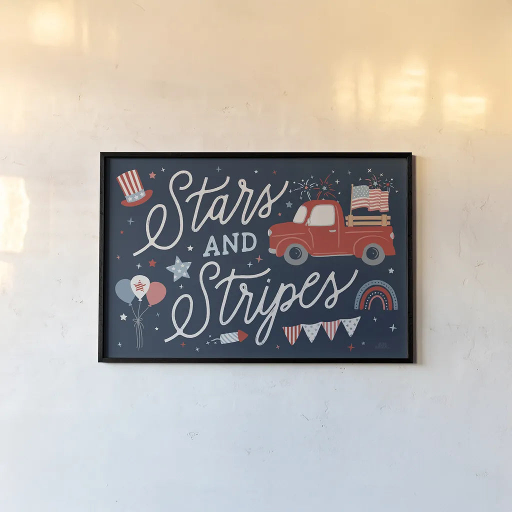 Stars and Stripes II v2 by Laura Marshall. shown as a paper print in a black flame. Available as a archival giclee rolled canvas, fine art paper, or poster print. SKU 83643i.