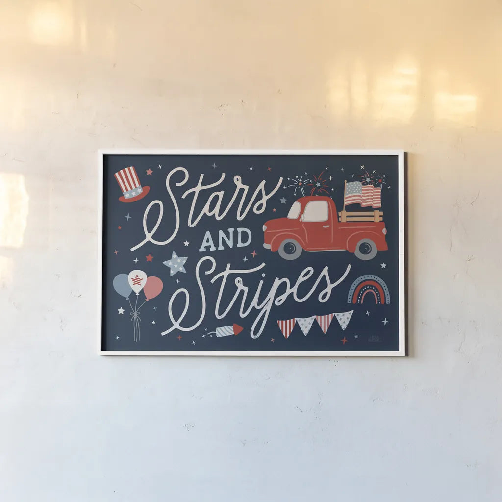 Stars and Stripes II v2 by Laura Marshall. shown as a paper print in a white frame. Available as a archival giclee rolled canvas, fine art paper, or poster print. SKU 83643i.