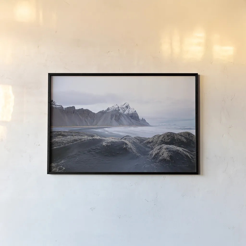 Stokksnes by Laura Marshall. shown as a paper print in a black flame. Available as a archival giclee rolled canvas, fine art paper, or poster print. SKU 53677i.