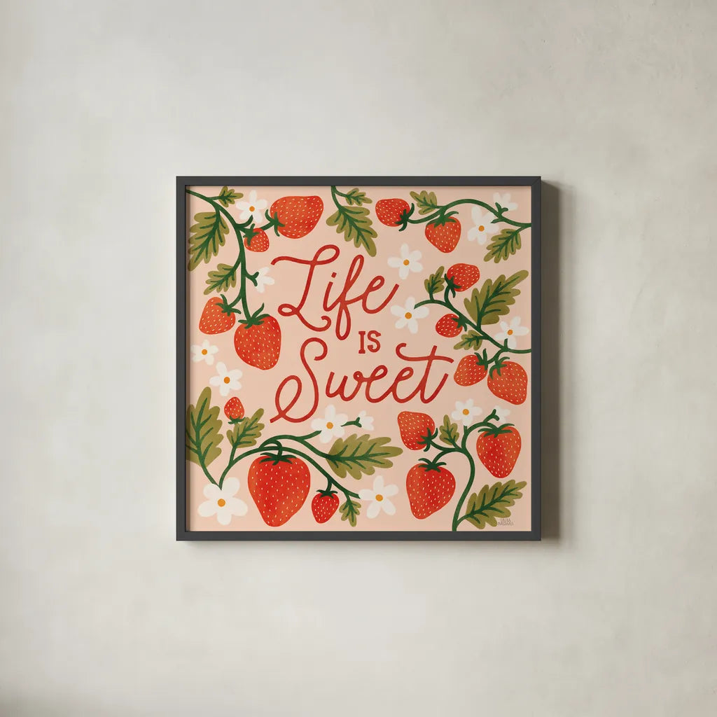 Strawberry Fields II by Laura Marshall. Shown in a sleek black glass frame for a contemporary gallery look. Available as an archival giclee rolled canvas, fine art paper, or poster print. SKU 87178a.