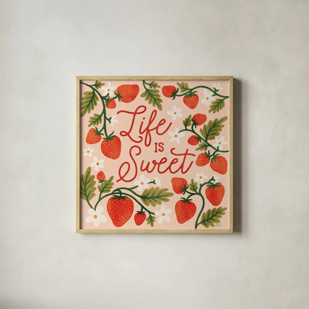 Strawberry Fields II by Laura Marshall. Shown in a natural wood glass frame for a timeless modern aesthetic. Available as an archival giclee rolled canvas, fine art paper, or poster print. SKU 87178a.