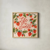 Strawberry Fields II by Laura Marshall. Shown in a natural wood glass frame for a timeless modern aesthetic. Available as an archival giclee rolled canvas, fine art paper, or poster print. SKU 87178a.