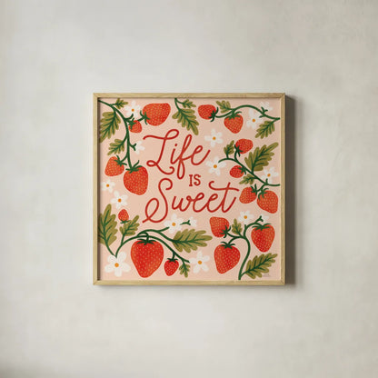 Strawberry Fields II by Laura Marshall. Shown in a natural wood glass frame for a timeless modern aesthetic. Available as an archival giclee rolled canvas, fine art paper, or poster print. SKU 87178a.