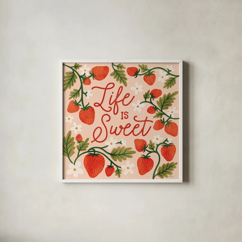 Strawberry Fields II by Laura Marshall. Shown in a crisp white glass frame for a clean and minimalist style. Available as an archival giclee rolled canvas, fine art paper, or poster print. SKU 87178a.