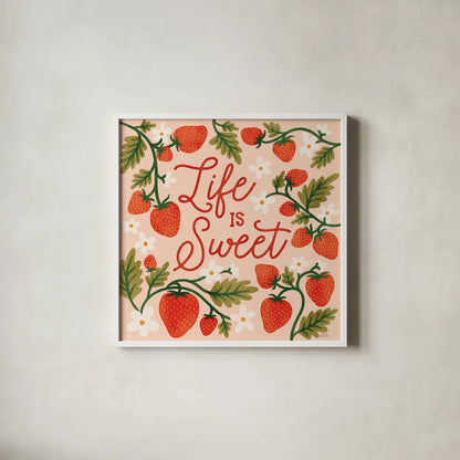 Strawberry Fields II by Laura Marshall. Shown in a crisp white glass frame for a clean and minimalist style. Available as an archival giclee rolled canvas, fine art paper, or poster print. SKU 87178a.