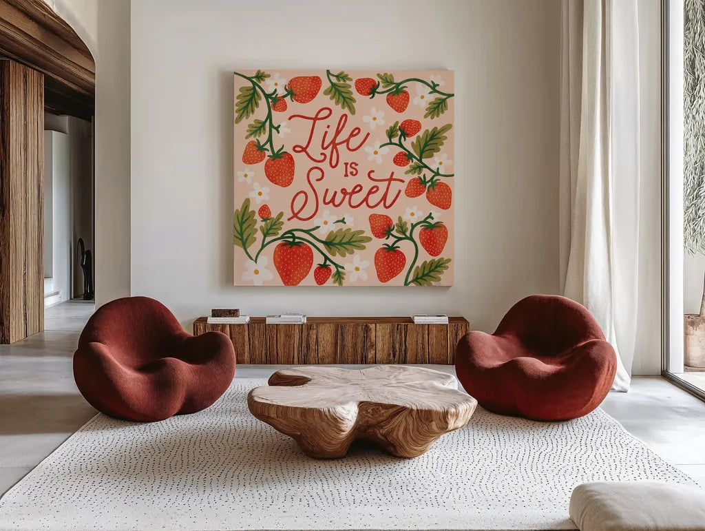 Strawberry Fields II by Laura Marshall. Shown as extra-large giant wall art in a modern living room. Available as an archival giclee rolled canvas, fine art paper, or poster print. SKU 87178a.
