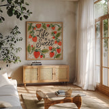 Strawberry Fields II Neutral by Laura Marshall. Shown in a natural wood frame in a cozy modern living room. Available as an archival giclee rolled canvas, fine art paper, or poster print. SKU 87424a.