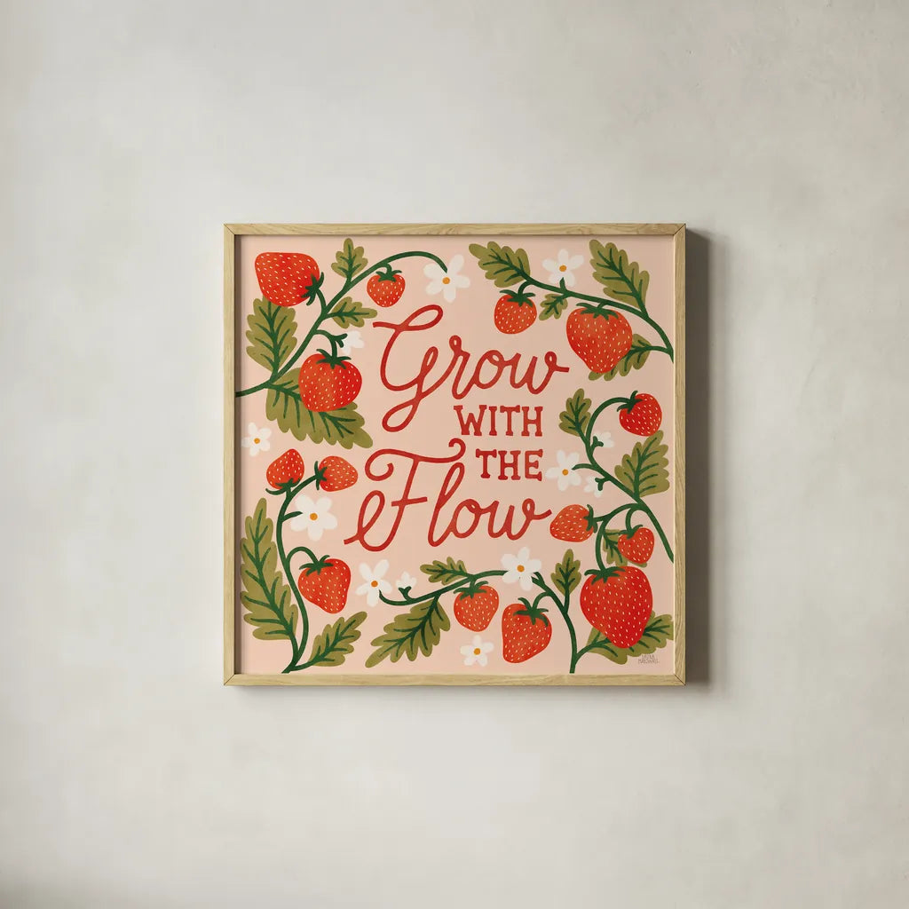 Strawberry Fields III by Laura Marshall. Shown in a natural wood glass frame for a timeless modern aesthetic. Available as an archival giclee rolled canvas, fine art paper, or poster print. SKU 87179a.