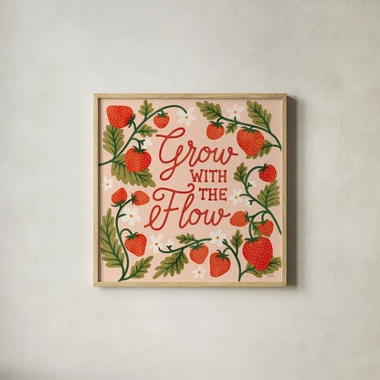 Strawberry Fields III by Laura Marshall. Shown in a natural wood glass frame for a timeless modern aesthetic. Available as an archival giclee rolled canvas, fine art paper, or poster print. SKU 87179a.