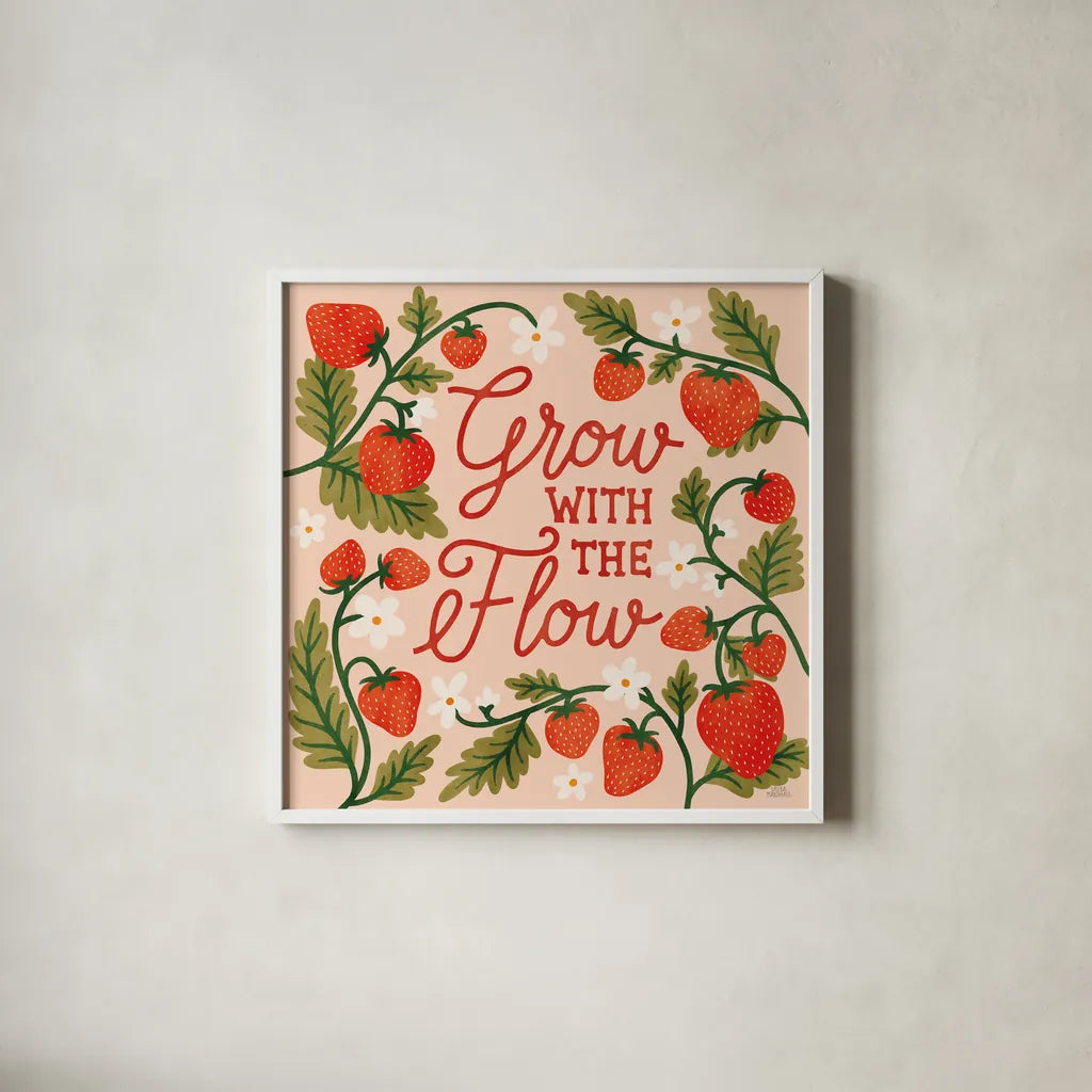 Strawberry Fields III by Laura Marshall. Shown in a crisp white glass frame for a clean and minimalist style. Available as an archival giclee rolled canvas, fine art paper, or poster print. SKU 87179a.