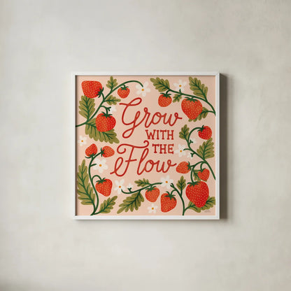 Strawberry Fields III by Laura Marshall. Shown in a crisp white glass frame for a clean and minimalist style. Available as an archival giclee rolled canvas, fine art paper, or poster print. SKU 87179a.