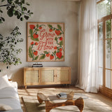 Strawberry Fields III by Laura Marshall. Shown in a natural wood frame in a cozy modern living room. Available as an archival giclee rolled canvas, fine art paper, or poster print. SKU 87179a.