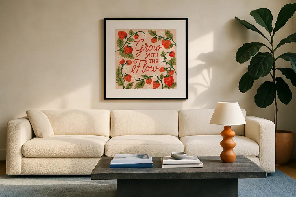 Strawberry Fields III by Laura Marshall. Displayed in a glass frame with matte in a clean modern living room. Available as an archival giclee rolled canvas, fine art paper, or poster print. SKU 87179a.