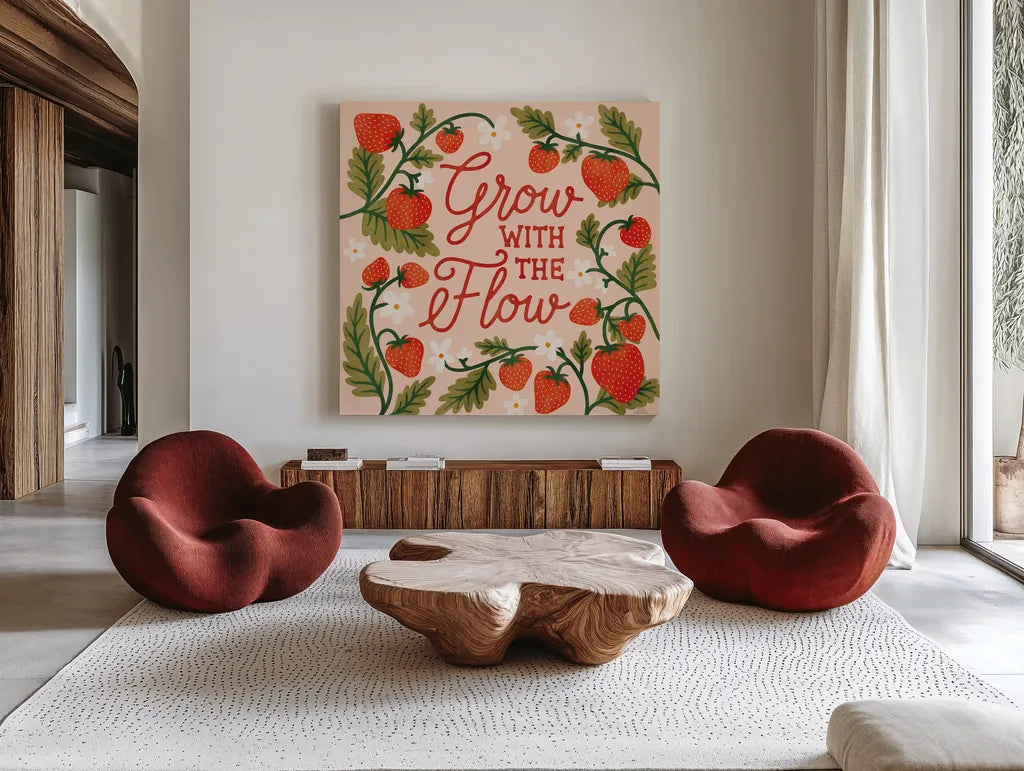 Strawberry Fields III by Laura Marshall. Shown as extra-large giant wall art in a modern living room. Available as an archival giclee rolled canvas, fine art paper, or poster print. SKU 87179a.