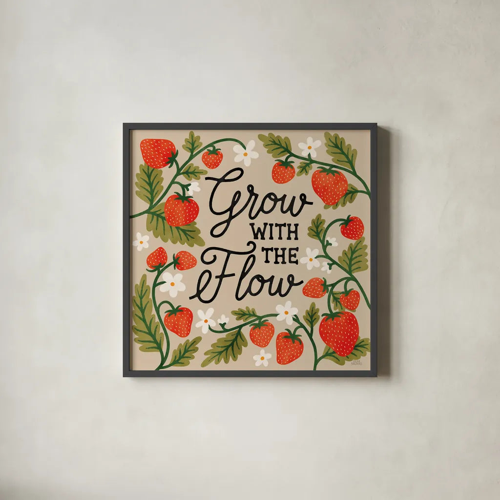 Strawberry Fields III Neutral by Laura Marshall. Shown in a sleek black glass frame for a contemporary gallery look. Available as an archival giclee rolled canvas, fine art paper, or poster print. SKU 87425a.