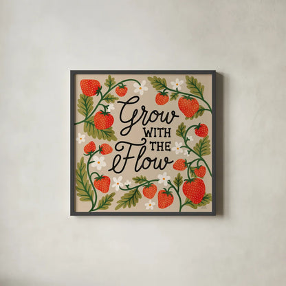 Strawberry Fields III Neutral by Laura Marshall. Shown in a sleek black glass frame for a contemporary gallery look. Available as an archival giclee rolled canvas, fine art paper, or poster print. SKU 87425a.