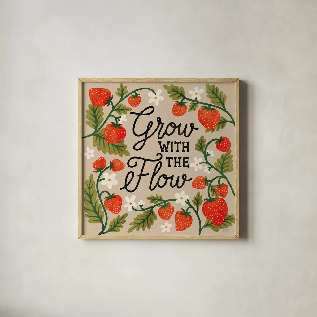 Strawberry Fields III Neutral by Laura Marshall. Shown in a natural wood glass frame for a timeless modern aesthetic. Available as an archival giclee rolled canvas, fine art paper, or poster print. SKU 87425a.