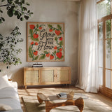 Strawberry Fields III Neutral by Laura Marshall. Shown in a natural wood frame in a cozy modern living room. Available as an archival giclee rolled canvas, fine art paper, or poster print. SKU 87425a.