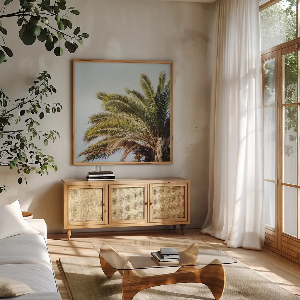 Summer I Crop by Laura Marshall. Shown in a natural wood frame in a cozy modern living room. Available as an archival giclee rolled canvas, fine art paper, or poster print. SKU 42854a.