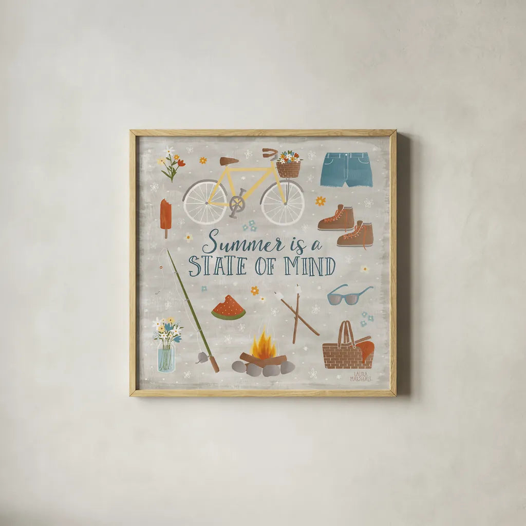 Summer Sunshine I by Laura Marshall. Shown in a natural wood glass frame for a timeless modern aesthetic. Available as an archival giclee rolled canvas, fine art paper, or poster print. SKU 31212a.