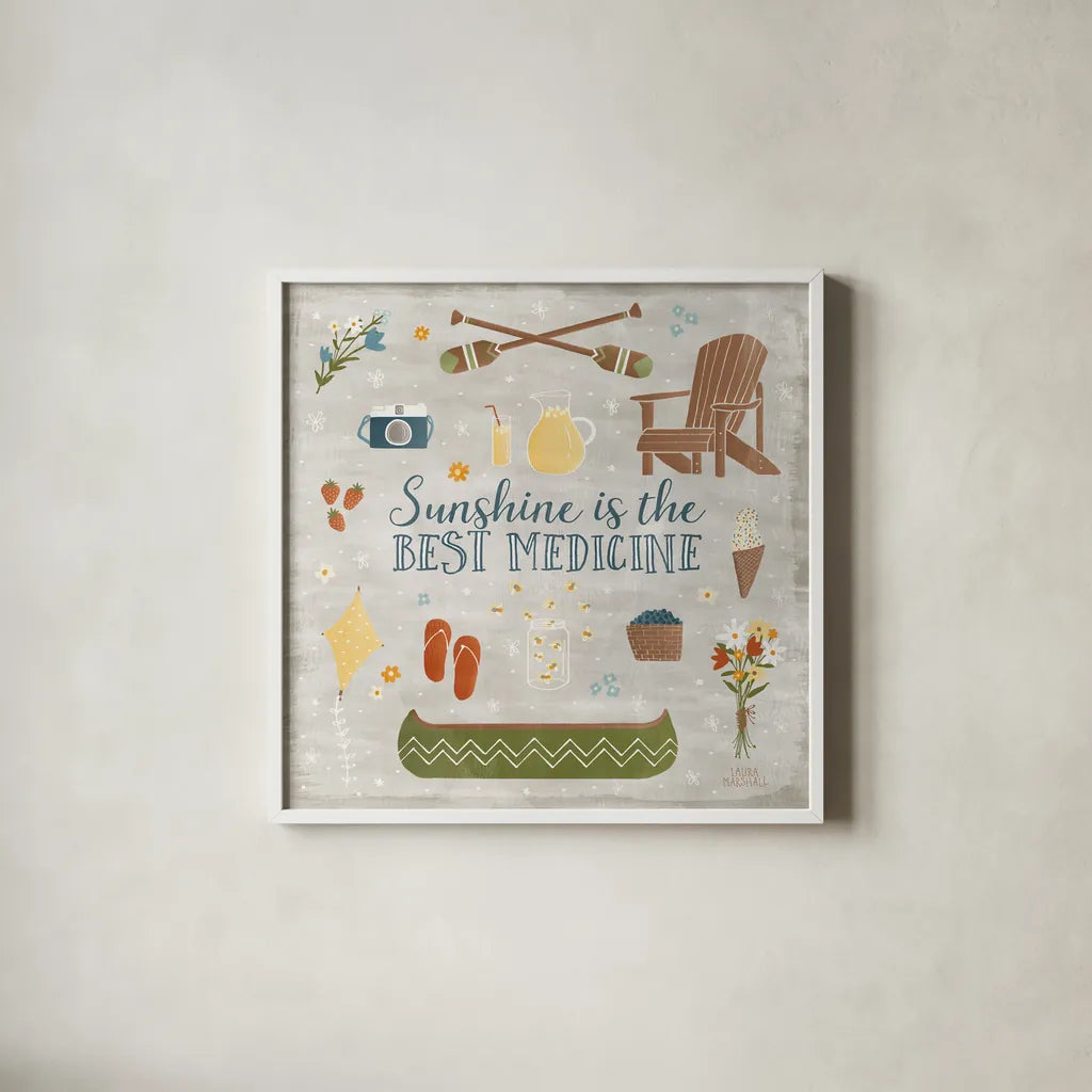 Summer Sunshine II by Laura Marshall. Shown in a crisp white glass frame for a clean and minimalist style. Available as an archival giclee rolled canvas, fine art paper, or poster print. SKU 31213a.