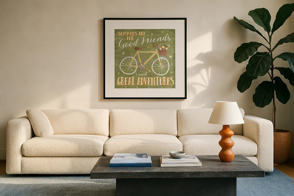 Summer Sunshine IV by Laura Marshall. Displayed in a glass frame with matte in a clean modern living room. Available as an archival giclee rolled canvas, fine art paper, or poster print. SKU 31215a.