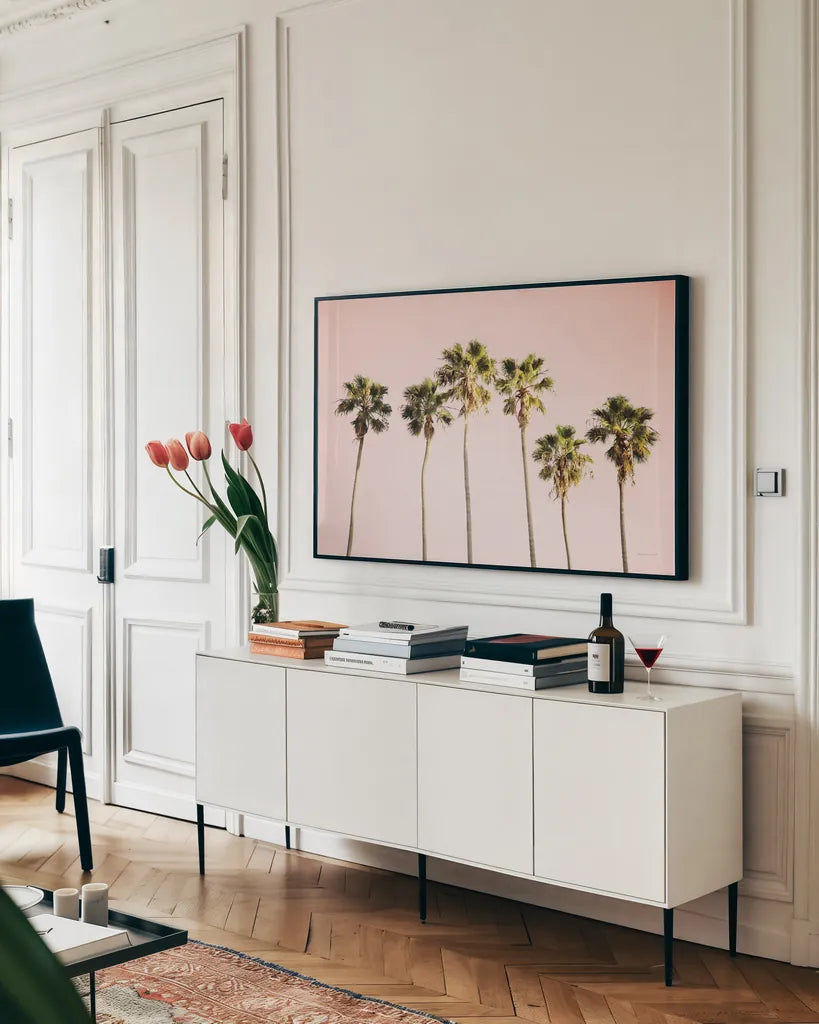 Summer V Pink by Laura Marshall. shown as a framed stretched canvas in a living room above a console. Available as a archival giclee rolled canvas, fine art paper, or poster print. SKU 82317i.