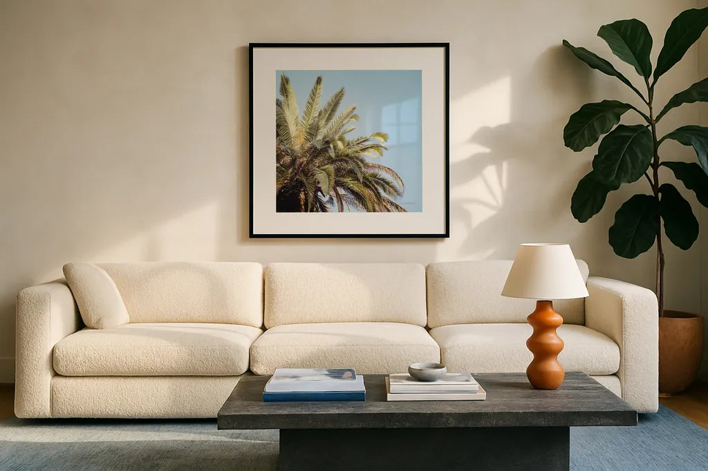 Summer VI by Laura Marshall. Displayed in a glass frame with matte in a clean modern living room. Available as an archival giclee rolled canvas, fine art paper, or poster print. SKU 42859a.