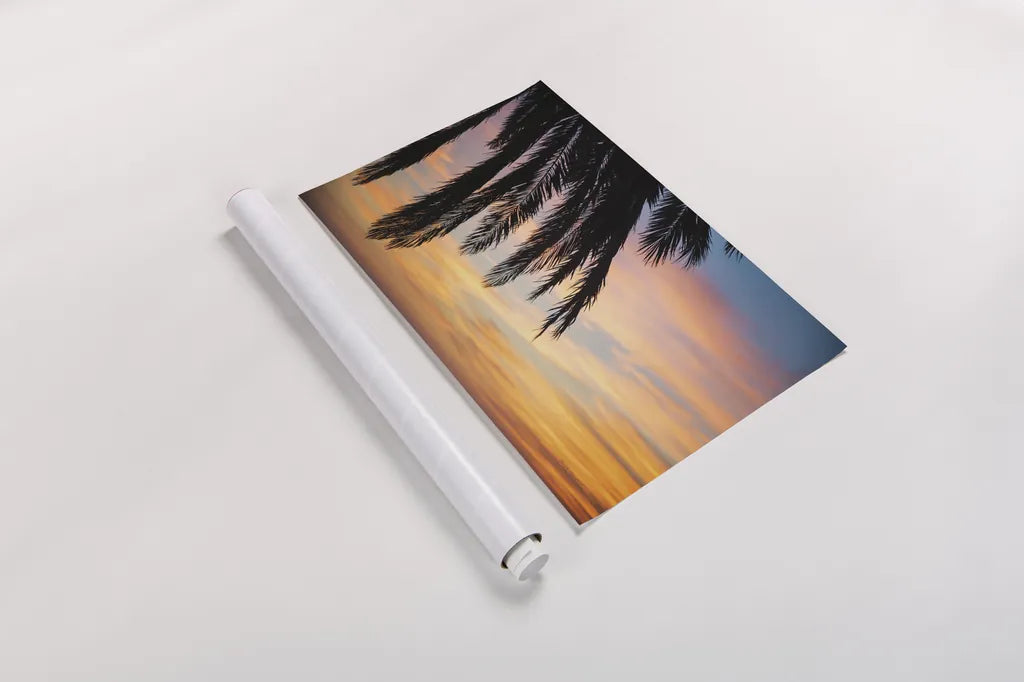 Sunset Palms I by Laura Marshall. shown as a rolled paper print. Available as archival giclee rolled canvas, fine art paper, or poster print. SKU 42851i.