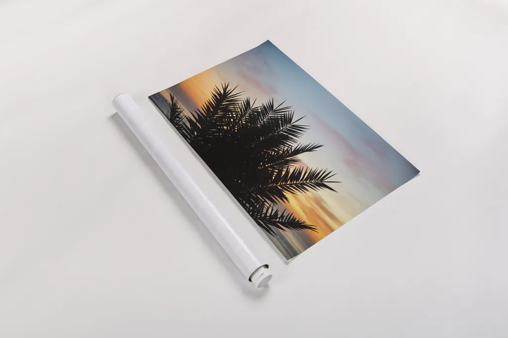 Sunset Palms II by Laura Marshall. shown as a rolled paper print. Available as archival giclee rolled canvas, fine art paper, or poster print. SKU 42852i.