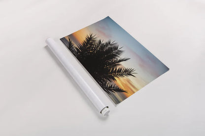 Sunset Palms II by Laura Marshall. shown as a rolled paper print. Available as archival giclee rolled canvas, fine art paper, or poster print. SKU 42852i.