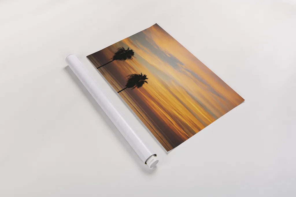 Sunset Palms III by Laura Marshall. shown as a rolled paper print. Available as archival giclee rolled canvas, fine art paper, or poster print. SKU 42853i.
