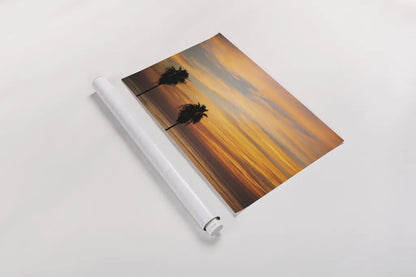 Sunset Palms III by Laura Marshall. shown as a rolled paper print. Available as archival giclee rolled canvas, fine art paper, or poster print. SKU 42853i.