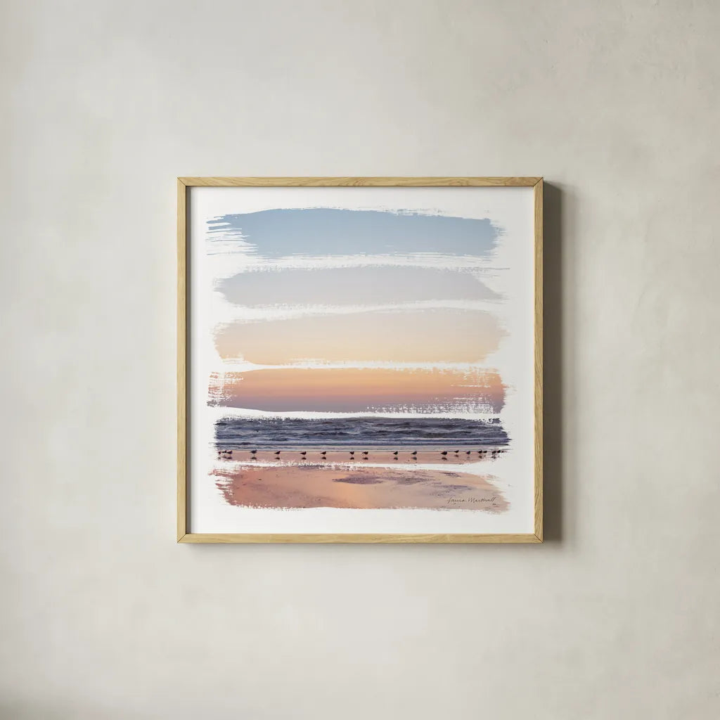 Sunset Stripes I by Laura Marshall. Shown in a natural wood glass frame for a timeless modern aesthetic. Available as an archival giclee rolled canvas, fine art paper, or poster print. SKU 47188a.