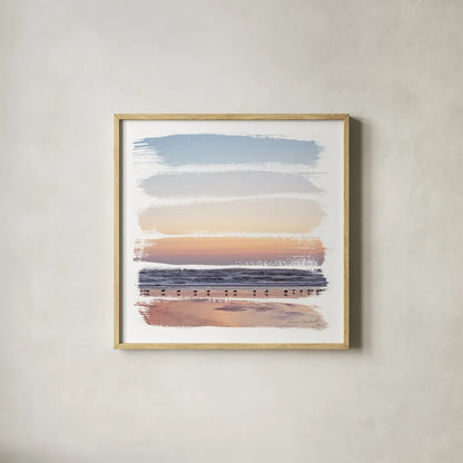 Sunset Stripes I by Laura Marshall. Shown in a natural wood glass frame for a timeless modern aesthetic. Available as an archival giclee rolled canvas, fine art paper, or poster print. SKU 47188a.