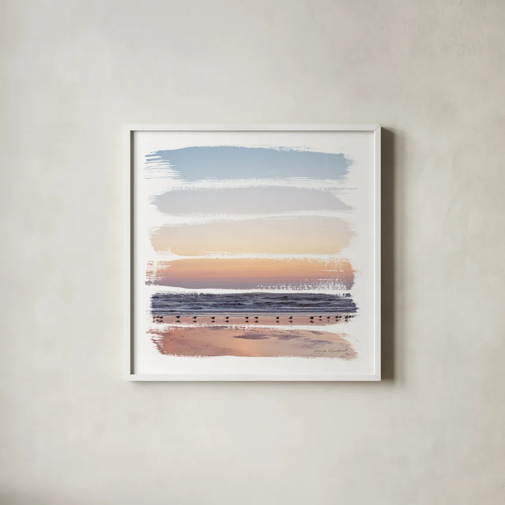 Sunset Stripes I by Laura Marshall. Shown in a crisp white glass frame for a clean and minimalist style. Available as an archival giclee rolled canvas, fine art paper, or poster print. SKU 47188a.