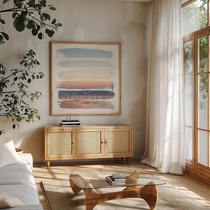 Sunset Stripes I by Laura Marshall. Shown in a natural wood frame in a cozy modern living room. Available as an archival giclee rolled canvas, fine art paper, or poster print. SKU 47188a.