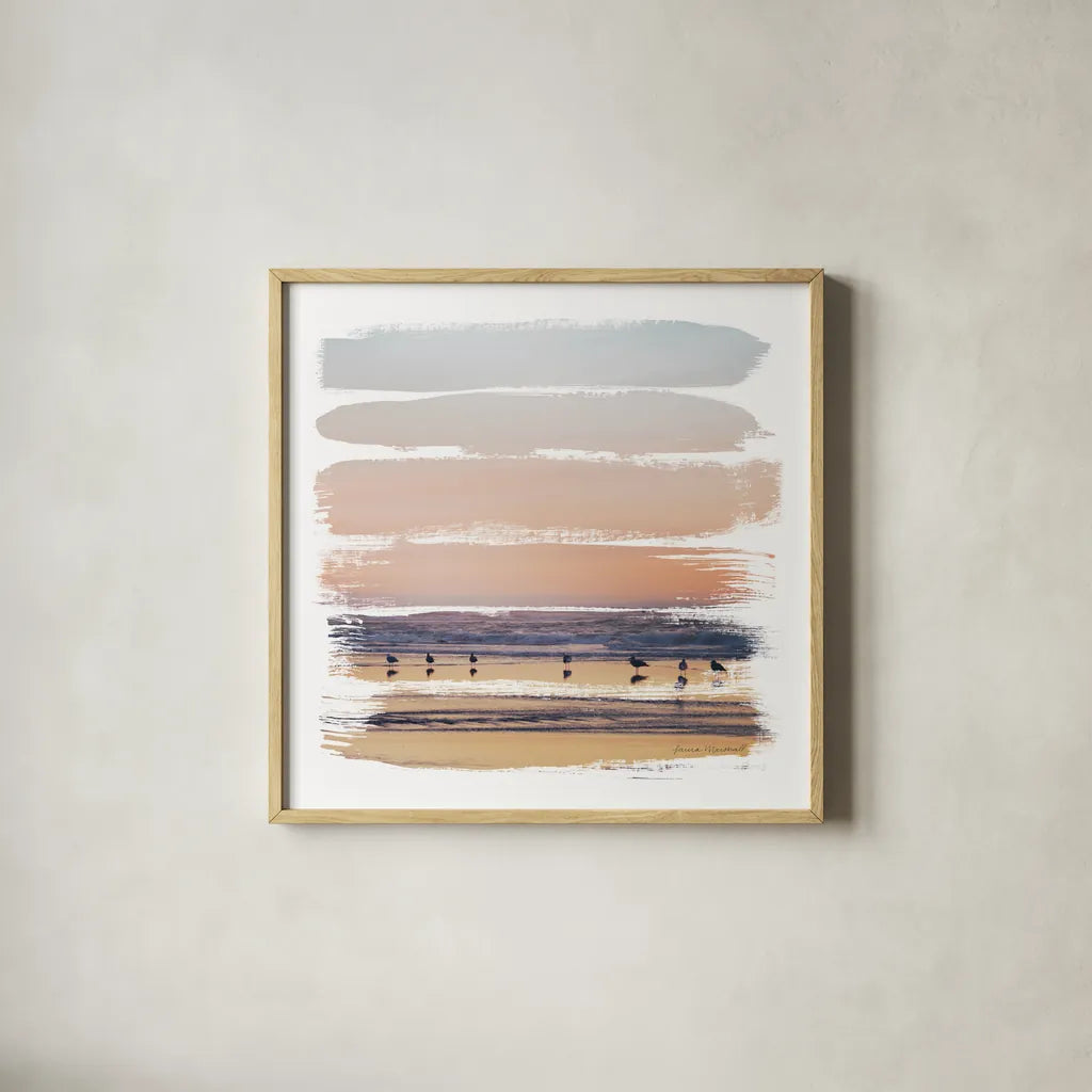 Sunset Stripes II by Laura Marshall. Shown in a natural wood glass frame for a timeless modern aesthetic. Available as an archival giclee rolled canvas, fine art paper, or poster print. SKU 47189a.