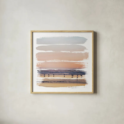 Sunset Stripes II by Laura Marshall. Shown in a natural wood glass frame for a timeless modern aesthetic. Available as an archival giclee rolled canvas, fine art paper, or poster print. SKU 47189a.