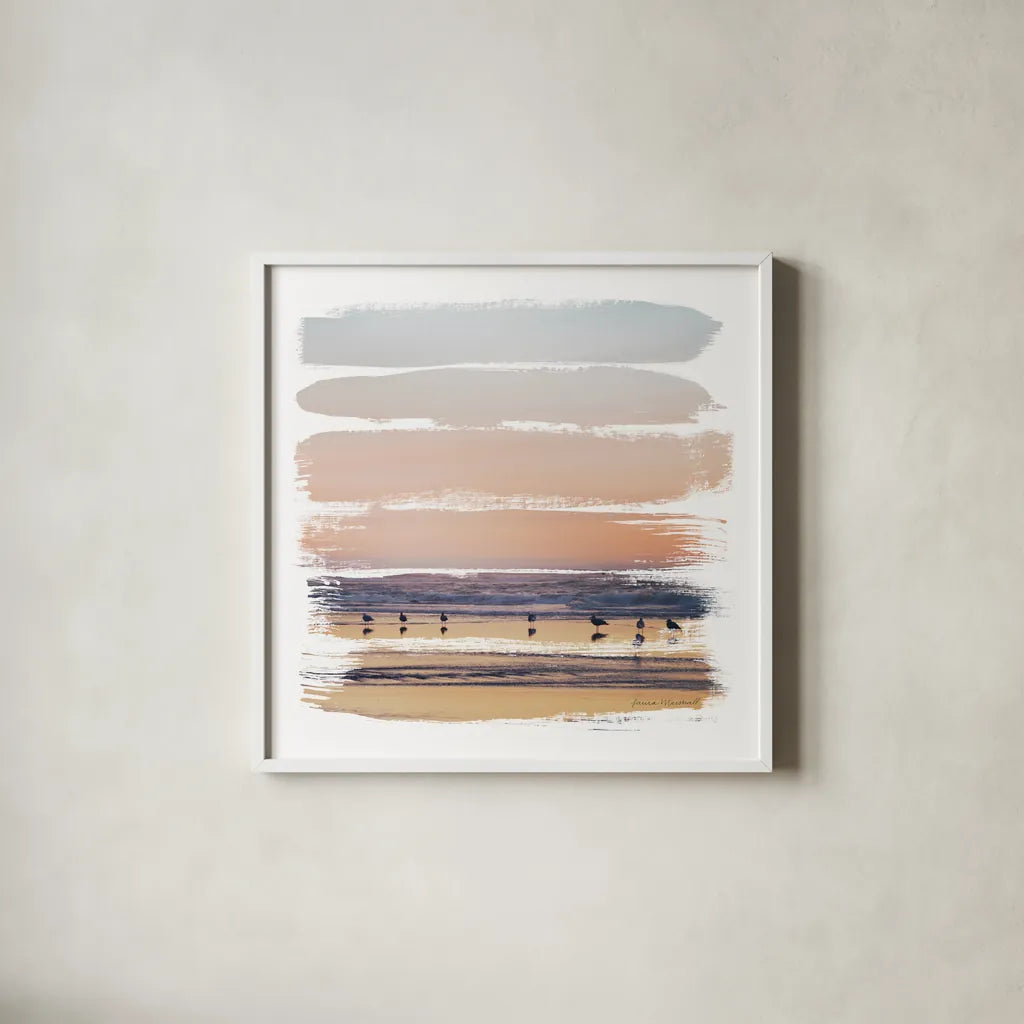 Sunset Stripes II by Laura Marshall. Shown in a crisp white glass frame for a clean and minimalist style. Available as an archival giclee rolled canvas, fine art paper, or poster print. SKU 47189a.