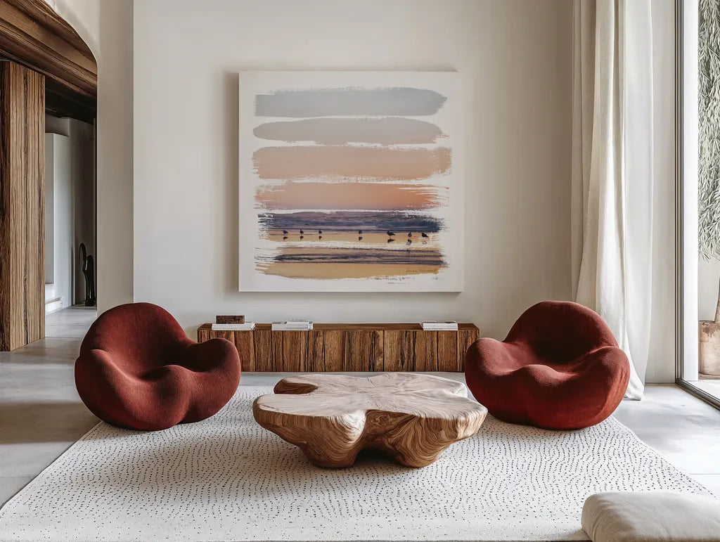Sunset Stripes II by Laura Marshall. Shown as extra-large giant wall art in a modern living room. Available as an archival giclee rolled canvas, fine art paper, or poster print. SKU 47189a.