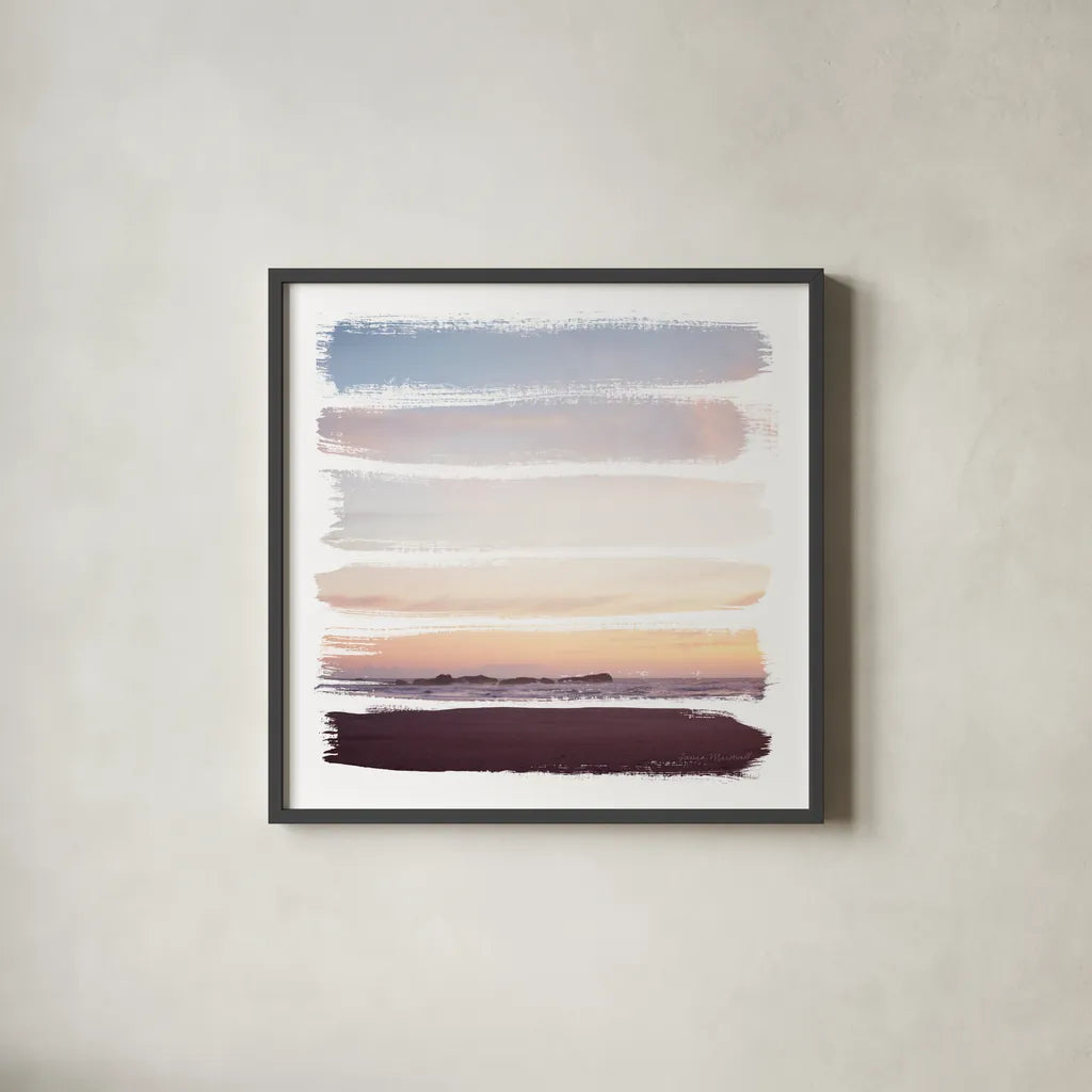 Sunset Stripes III by Laura Marshall. Shown in a sleek black glass frame for a contemporary gallery look. Available as an archival giclee rolled canvas, fine art paper, or poster print. SKU 47190a.