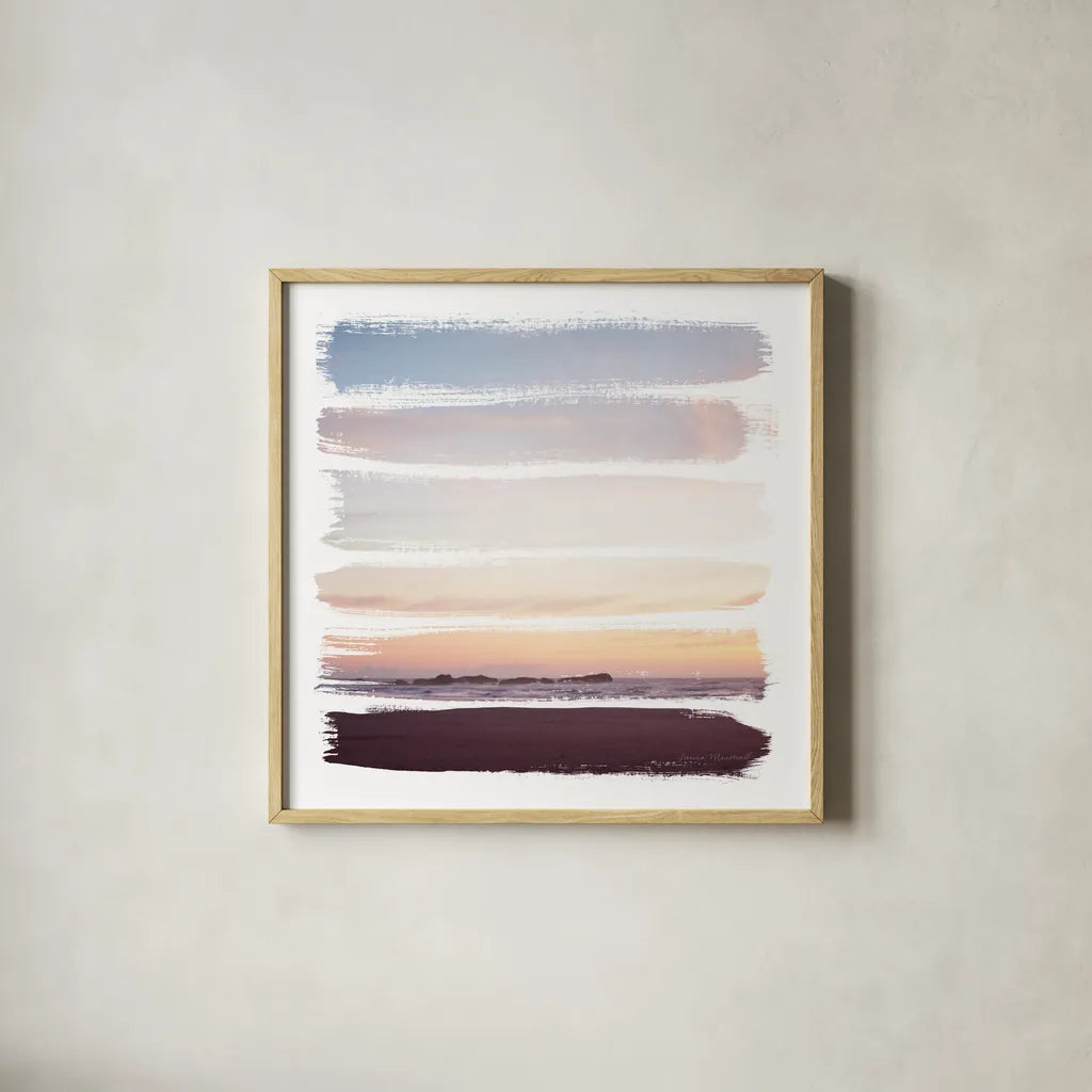 Sunset Stripes III by Laura Marshall. Shown in a natural wood glass frame for a timeless modern aesthetic. Available as an archival giclee rolled canvas, fine art paper, or poster print. SKU 47190a.