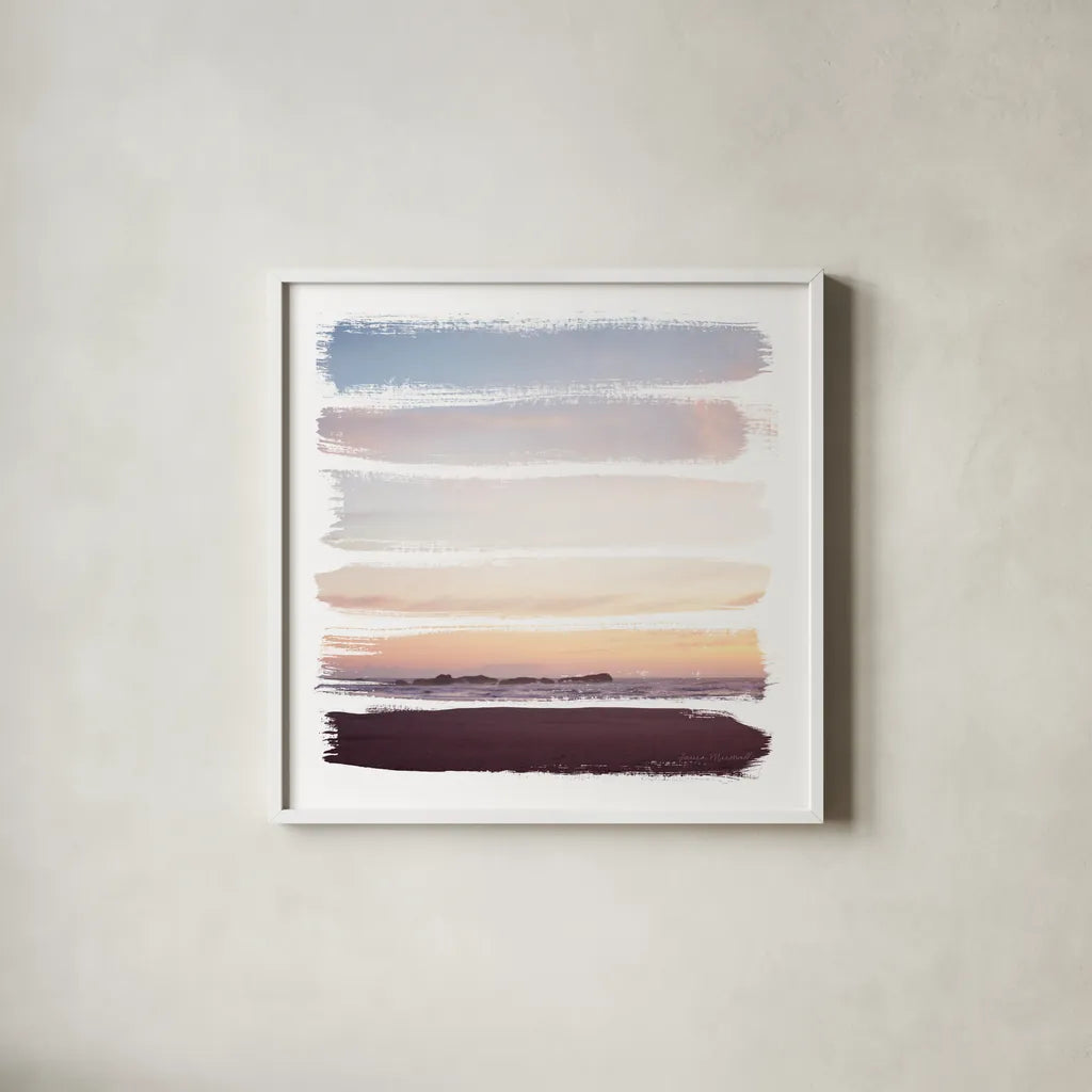 Sunset Stripes III by Laura Marshall. Shown in a crisp white glass frame for a clean and minimalist style. Available as an archival giclee rolled canvas, fine art paper, or poster print. SKU 47190a.