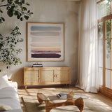 Sunset Stripes III by Laura Marshall. Shown in a natural wood frame in a cozy modern living room. Available as an archival giclee rolled canvas, fine art paper, or poster print. SKU 47190a.