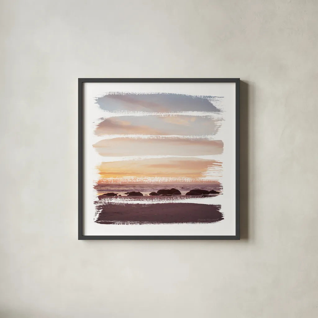 Sunset Stripes IV by Laura Marshall. Shown in a sleek black glass frame for a contemporary gallery look. Available as an archival giclee rolled canvas, fine art paper, or poster print. SKU 47191a.