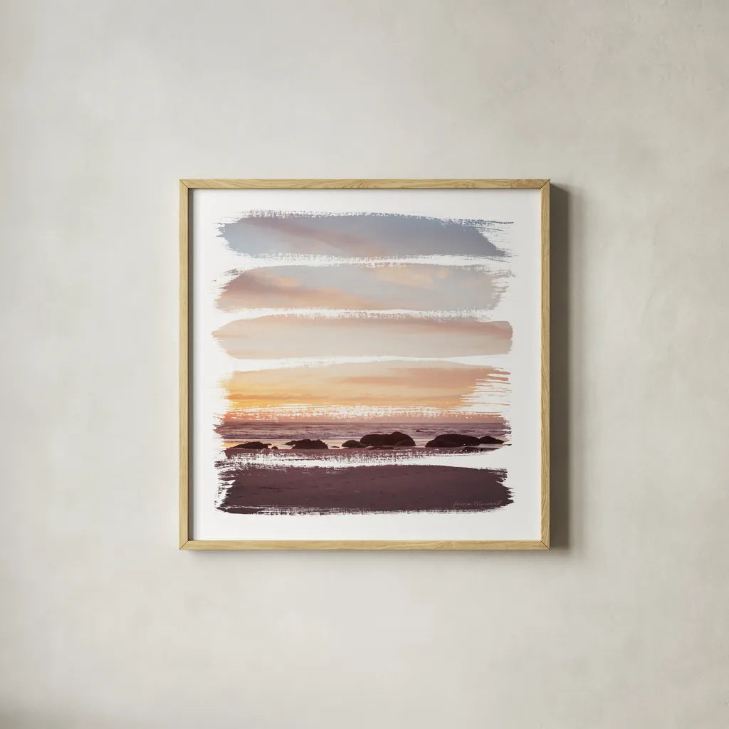 Sunset Stripes IV by Laura Marshall. Shown in a natural wood glass frame for a timeless modern aesthetic. Available as an archival giclee rolled canvas, fine art paper, or poster print. SKU 47191a.