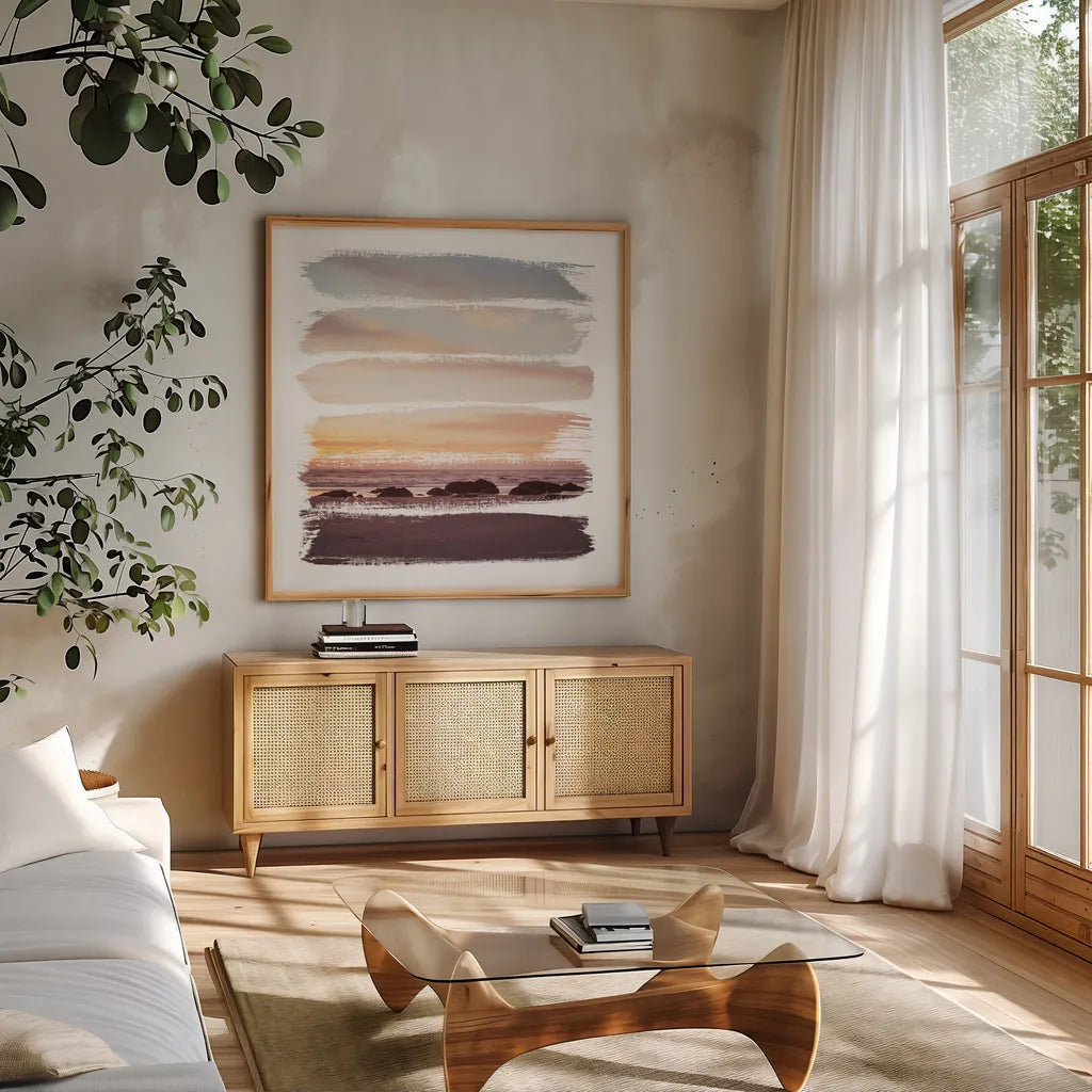 Sunset Stripes IV by Laura Marshall. Shown in a natural wood frame in a cozy modern living room. Available as an archival giclee rolled canvas, fine art paper, or poster print. SKU 47191a.